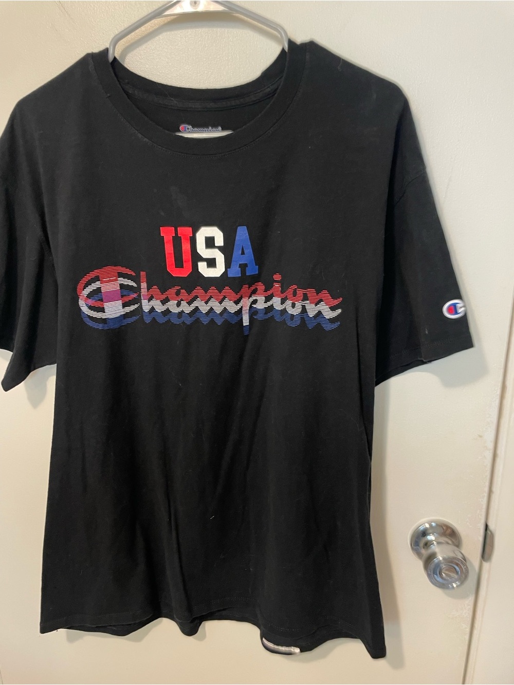 CHAMPION “USA” MENS SS BLACK COTTON T SHIRT tee athletic workout SZ L